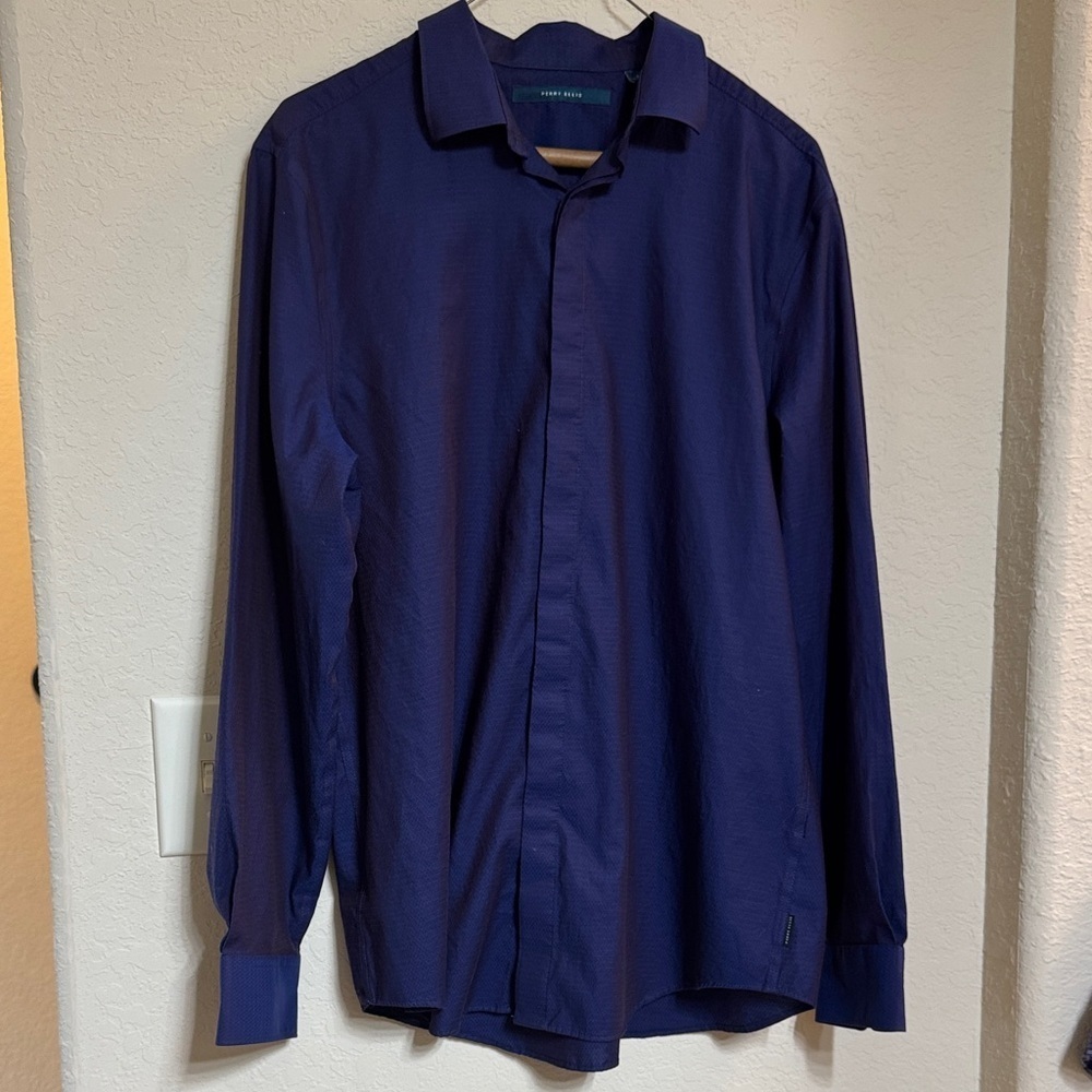 Perry Ellis Men's Navy Blue Dress Shirt Hidden Buttons Sz L